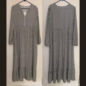 NWT black and white stripe long sleeve babydoll maxi dress with bottom ruffle